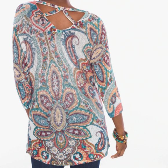 Chico's Women's Multicolor Paisley Cross-Back Detail Sweater Size 4 - Picture 3 of 9